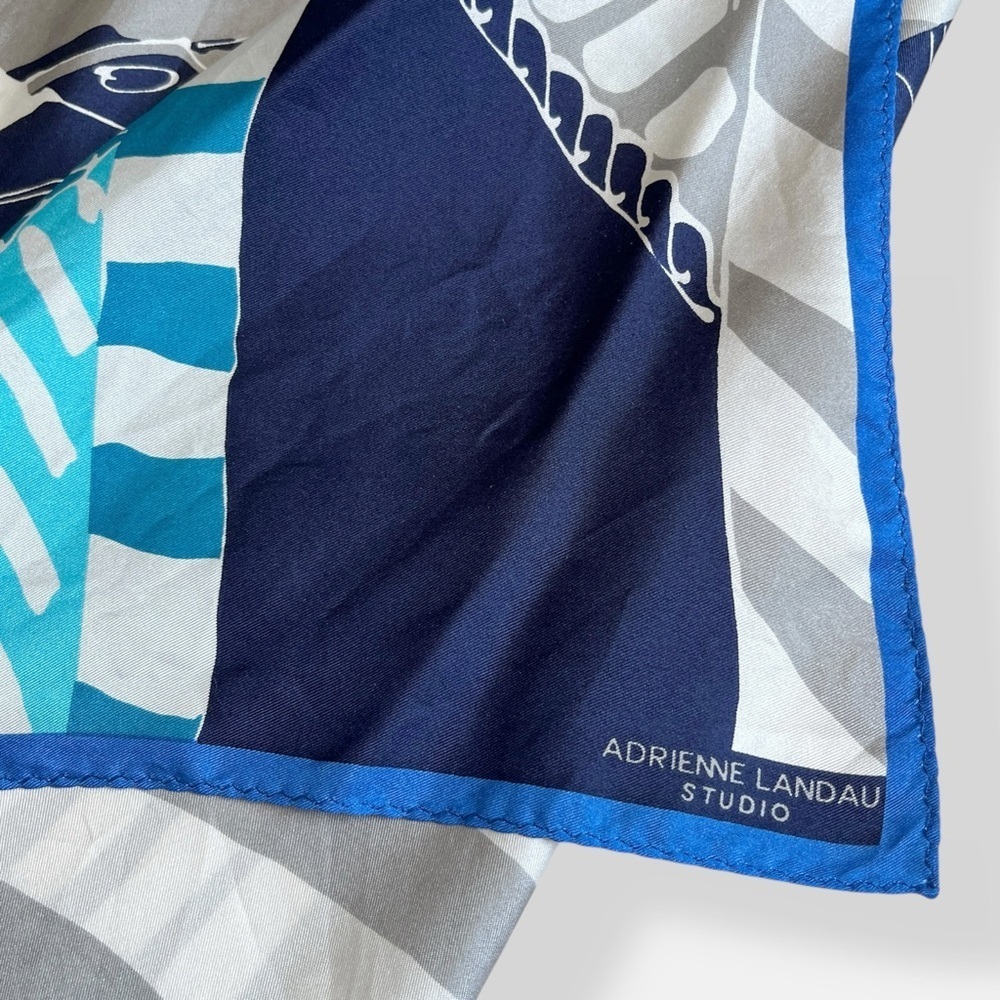 VTG 80s Adrienne Landau Elegant Blue and White Scarf Wrap Nautical Boaters 34.5” - Picture 8 of 9